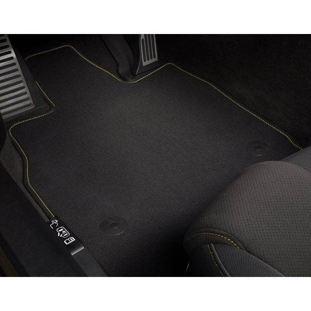 First-Row Carpeted Floor Mats in Jet Black with Lark Yellow Binding