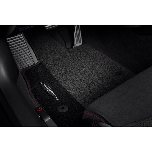 First-Row Premium Carpeted Floor Mats in Jet Black with Torch Red Stitching