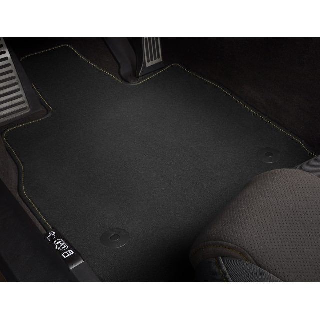 First-Row Carpeted Floor Mats in Jet Black with Natural Tan Binding