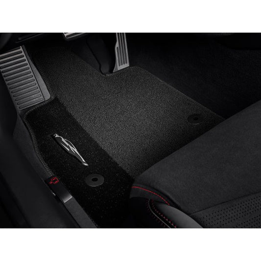 First-Row Premium Carpeted Floor Mats in Jet Black with Sky Cool Gray Stitching