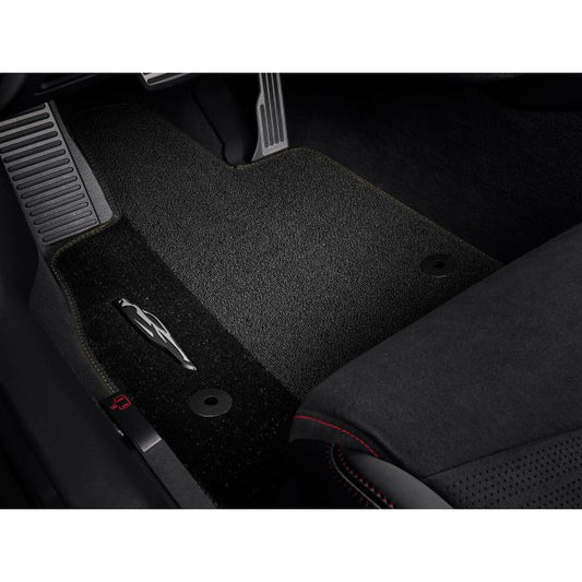 First-Row Premium Carpeted Floor Mats in Jet Black with Natural Tan Stitching