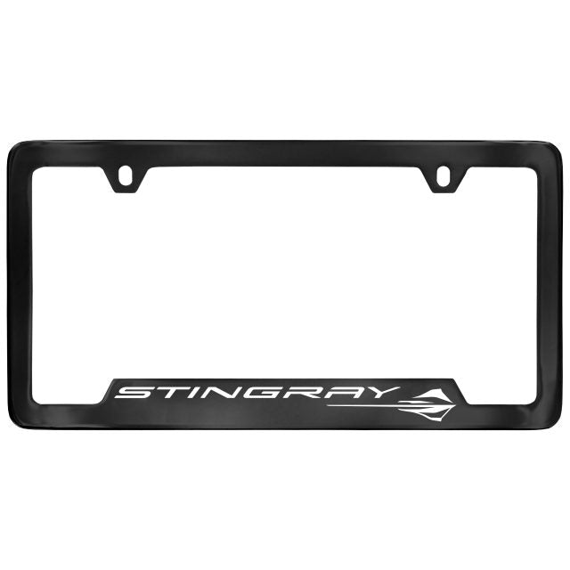 License Plate Frame in Black with Engraved Corvette Stingray Logo in White by Baron & Baron - Associated Accessories