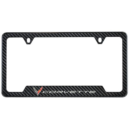 License Plate Frame in Carbon Fiber with Corvette Crossed Flags Logo by Baron & Baron - Associated Accessories