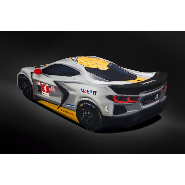Premium Indoor Car Cover in Gray with Fully Rendered Corvette C8.R (for models with High Wing Spoiler)